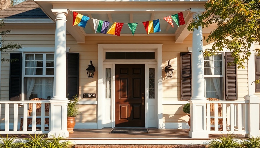 Charming front porch with colorful buntings, highlighting hospitality in real estate.