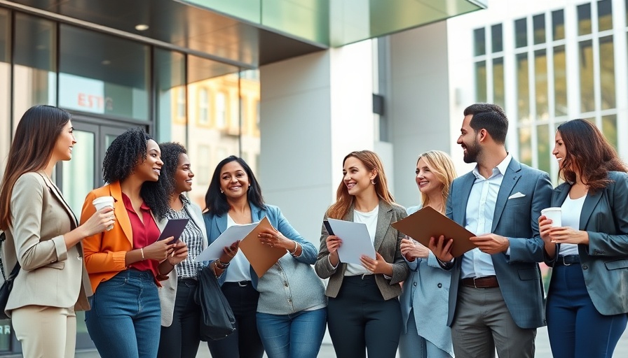 Professionals walking and talking outside modern office, organizing your real estate business.