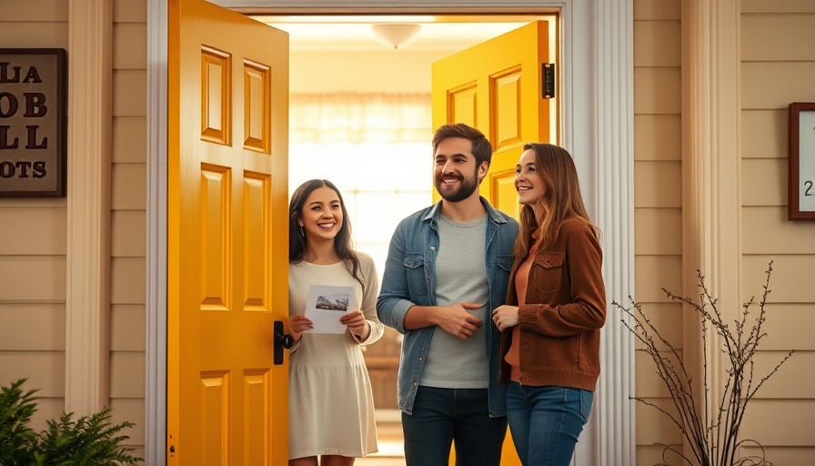 Couple greeted by realtor in a cozy home, more homes for sale.