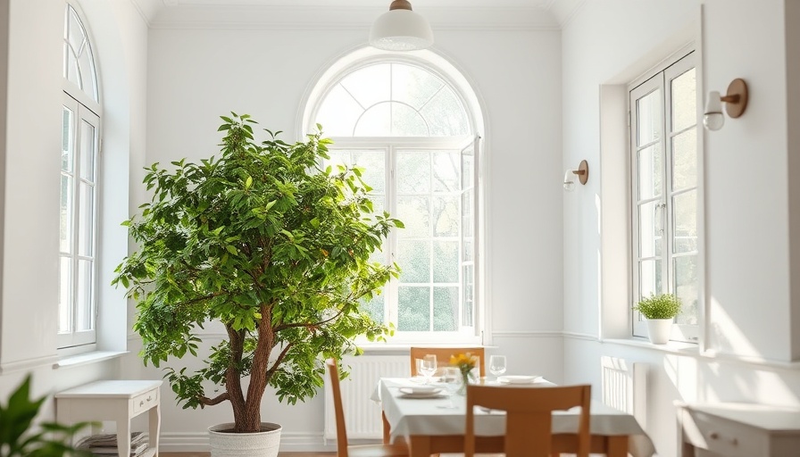 Airy dining room, window view, bright space with greenery.