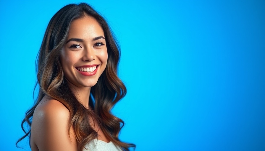 Portrait of a smiling woman on a blue background, value proposition theme.