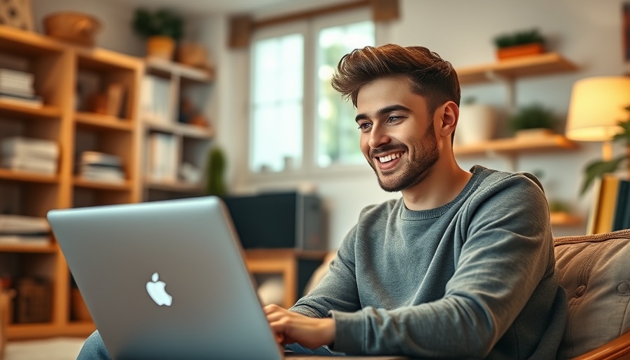 Smiling young man researching FHA Loans for First-Time Homebuyers on laptop.