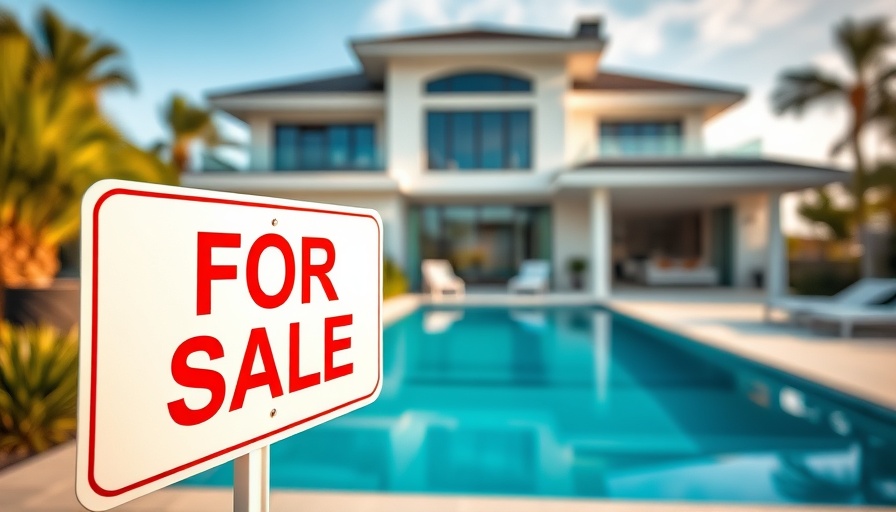 Real estate investors unloading homes: For Sale sign by luxury home and pool.
