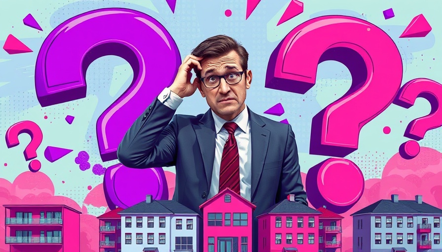 Confused businessman with question marks and houses, real estate market shifts.