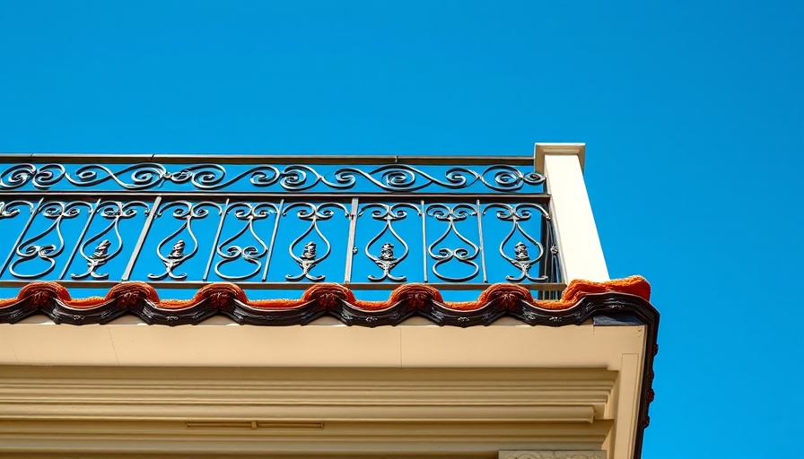 Intricate iron railing on a widow's walk style home roof.