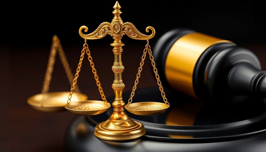 Golden scales of justice on a gavel in a legal setting.