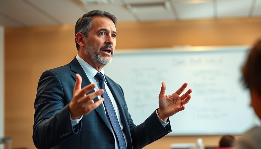 Middle-aged man speaking in a suit during a classroom presentation.