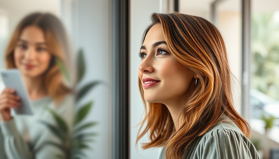 Confident woman looking through a window amid modern decor.