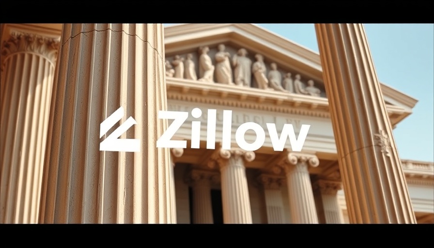Zillow logo against grand architectural columns, highlighting legal context.