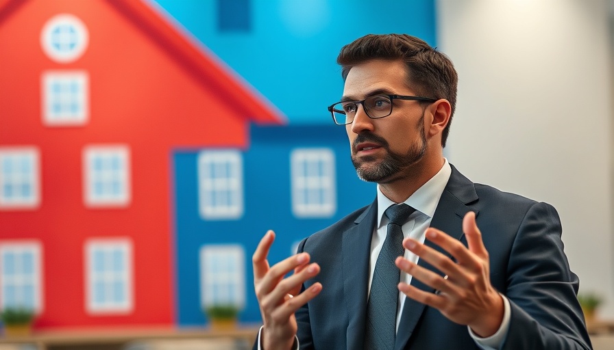 Businessman discusses strategy in front of colorful house backdrop.