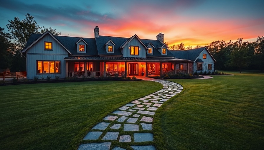 Charming modern farmhouse glowing at sunset with expansive lawn.