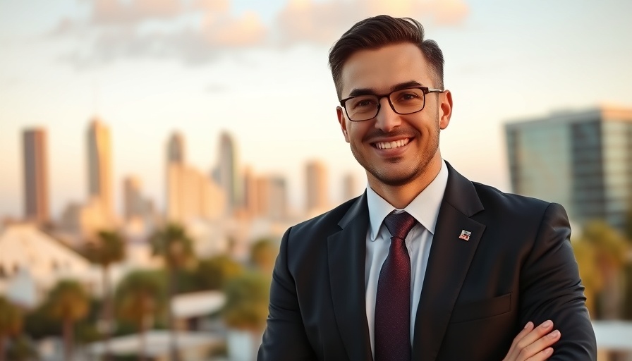 Corporate professional smiling at an event with city skyline backdrop.