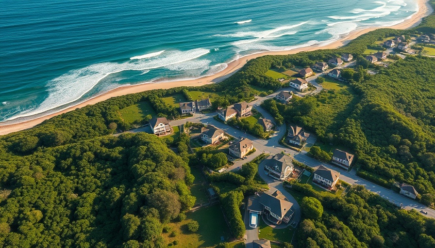 Aerial view of coastal residential housing, scenic growth area.