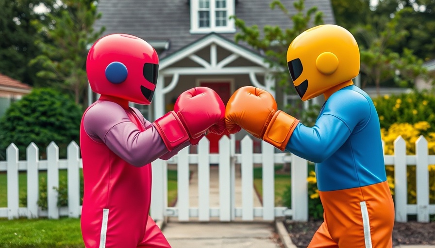 Colorful figures with boxing gloves fist bumping in front of a house, symbolizing real estate industry infighting.