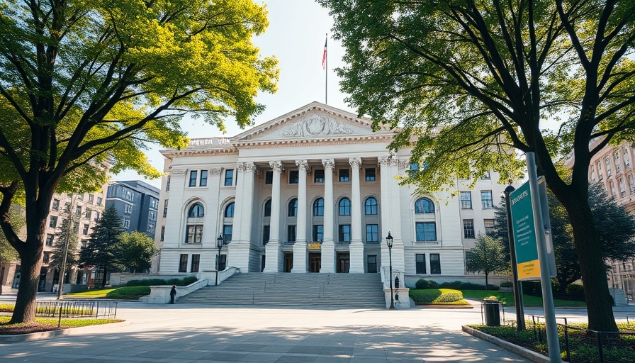 Stately government building in urban environment, rate cuts and real estate impact.