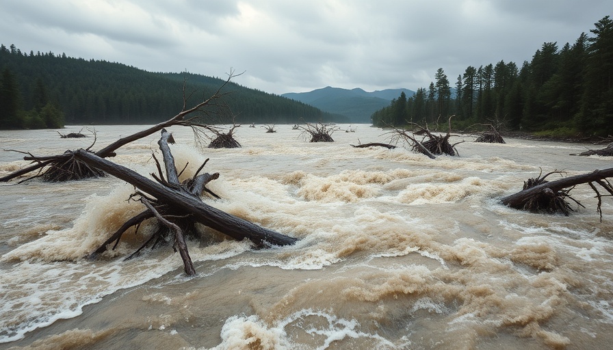 Turbulent floodwaters carrying uprooted trees in a dense forest setting.