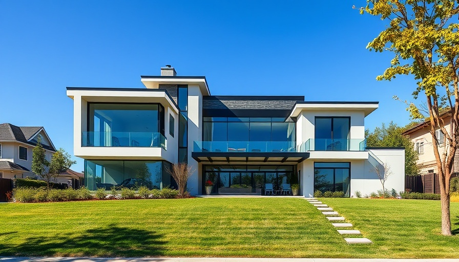 Modern luxury home with large windows and manicured lawn, sunny day.