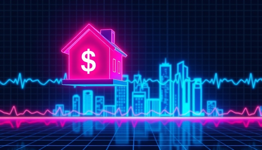 Futuristic real estate tech concept with city skyline and neon house icon.