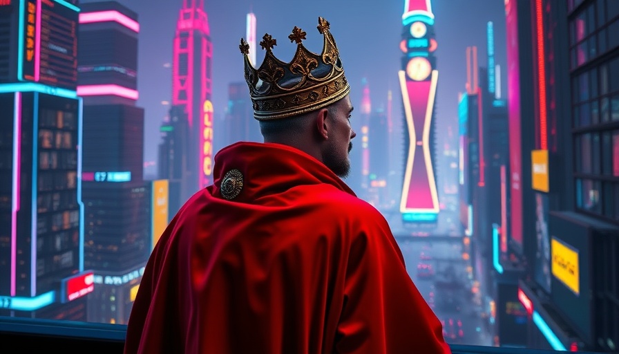 Surreal landscape king gazes over vibrant city, symbolizing real estate agent skills beyond neighborhood expertise.