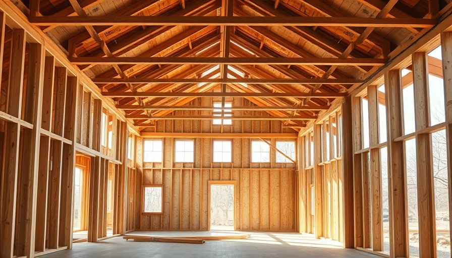 Interior of a newly built home showing wooden frames and beams.
