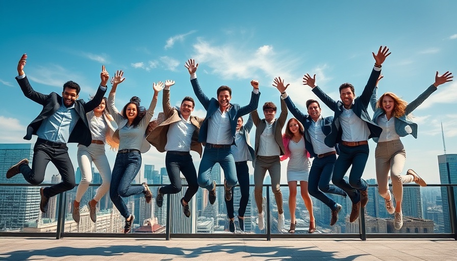 Excited professionals jumping with a city skyline backdrop, illustrating collaboration in real estate.