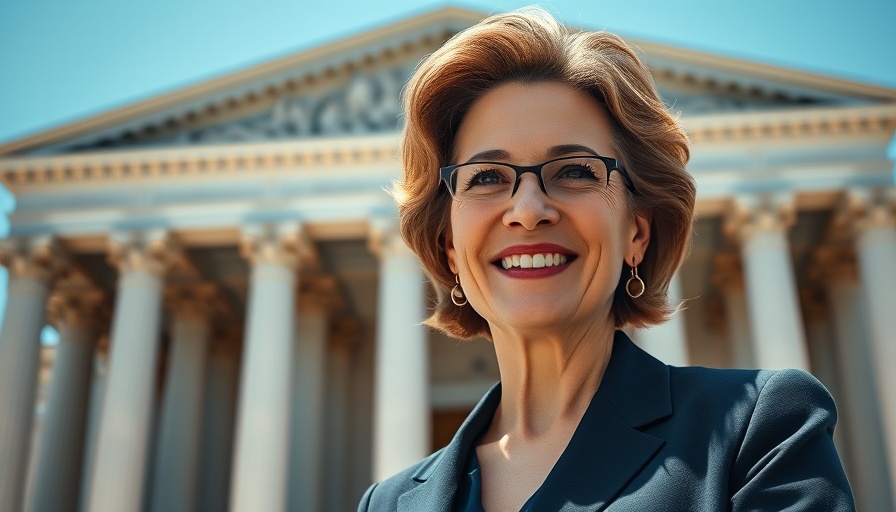Middle-aged woman smiling in front of courthouse, Douglas Elliman wrongful termination lawsuit