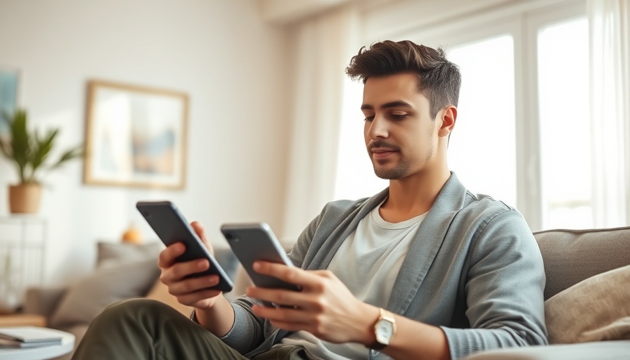 Young man checking phone, relaxed at home, sunlight streaming in.
