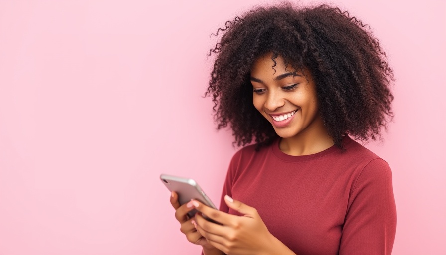 Smiling woman reading phone, soft light, pink wall, down payment assistance programs.