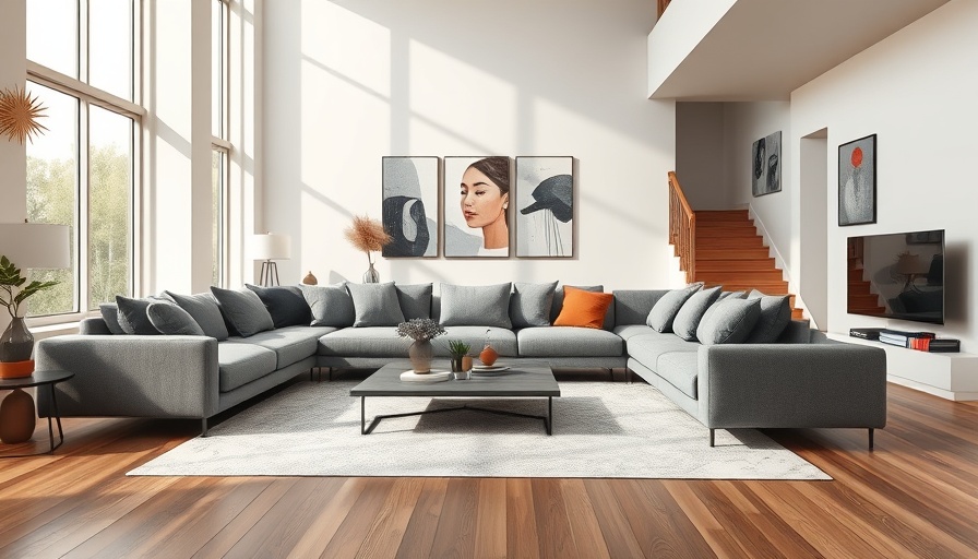 Modern living room with stylish decor and wooden stairs.