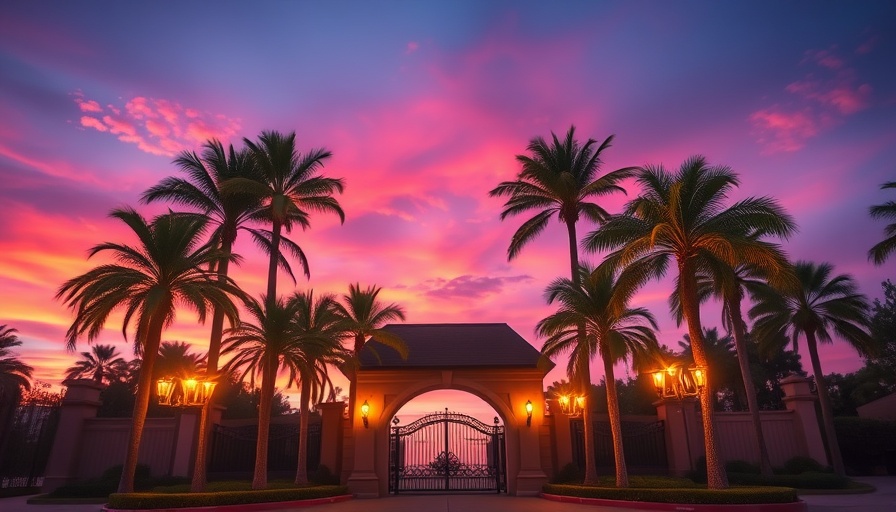 Elegant entrance under a vibrant sunset in South Florida, highlighting luxury real estate ambiance.
