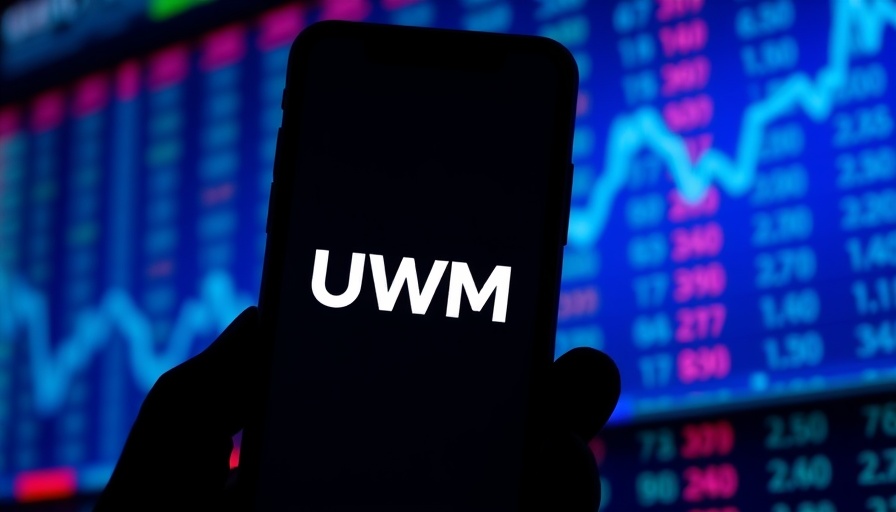 Smartphone with UWM logo against financial data backdrop.