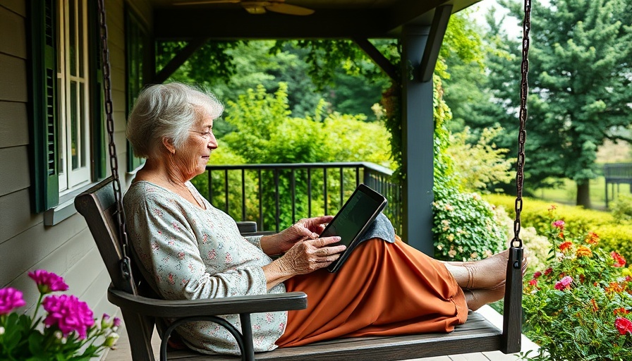 Older woman reading on porch swing amid greenery, serene setting.
