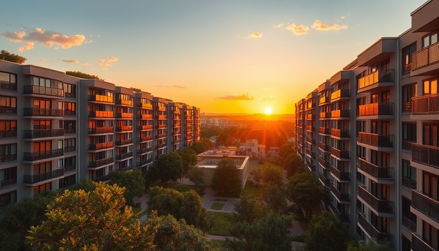 Modern condos at sunset, perfect for today's buyers, with lush landscaping.