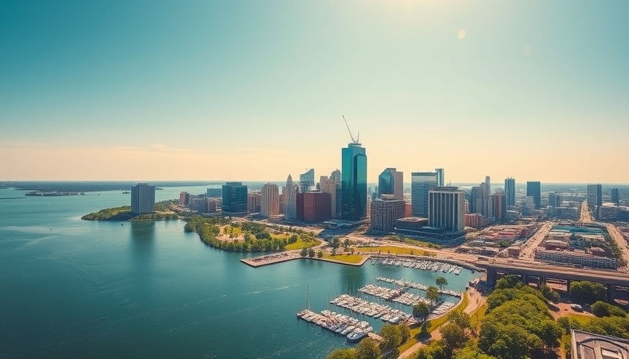 Aerial view of Detroit skyline and marina showcasing new home listings.