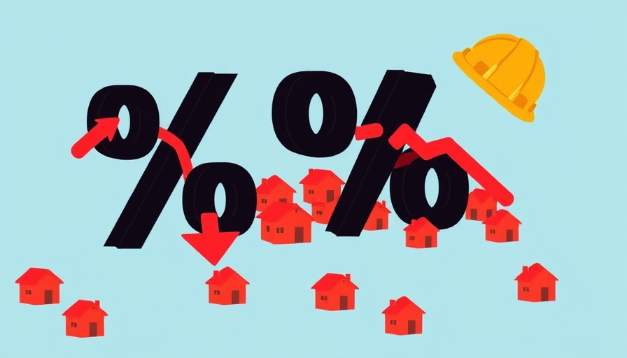 Illustration of mortgage rates falling with houses and helmet on blue background
