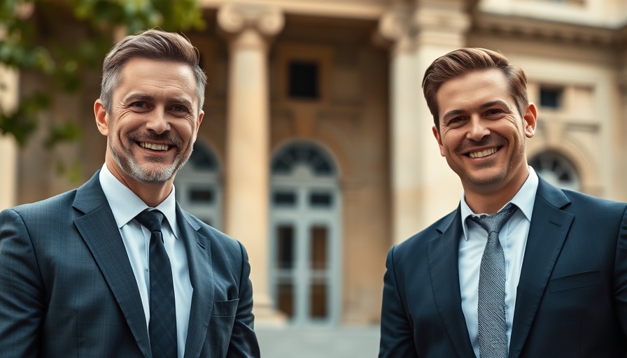 Two businessmen in front of classical building architecture.
