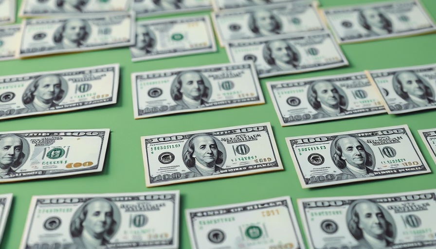 Neatly arranged US hundred-dollar bills on green surface.