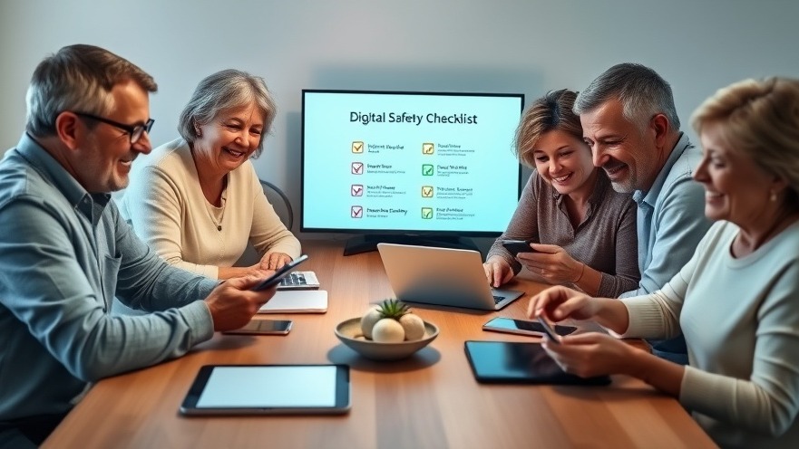Mature family using devices together, showcasing digital safety checklist in warm atmosphere.