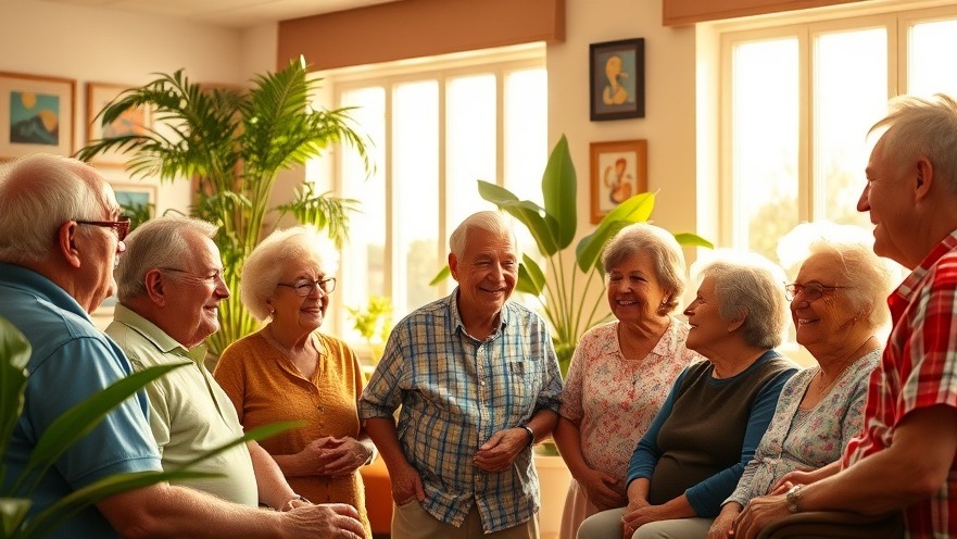 Seniors feeling at home in a vibrant community, enjoying conversation in a sunlit area.