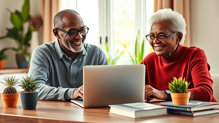 Elderly black couple joyfully reviewing retirement savings with cryptocurrency investments at home.
