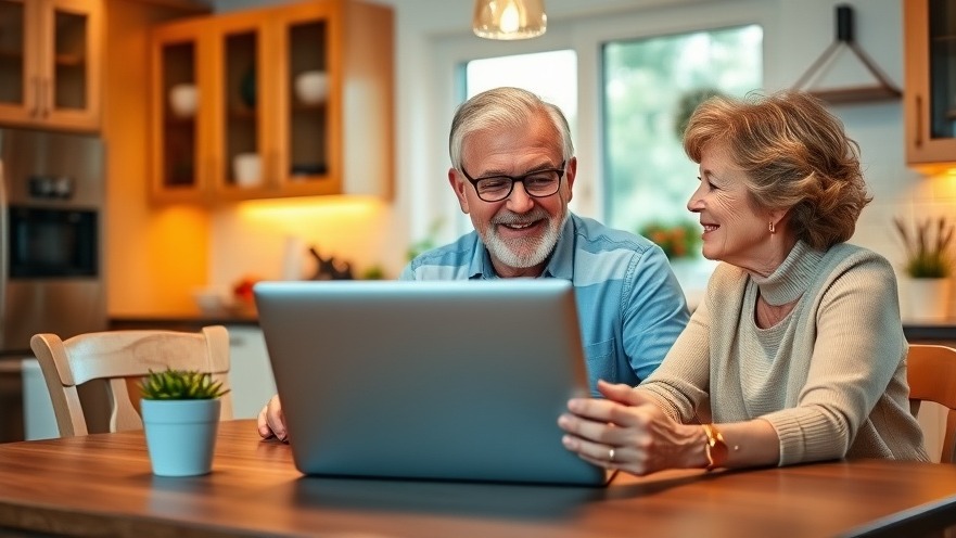 Middle-aged couple smiling at kitchen table, planning for financial security in retirement.