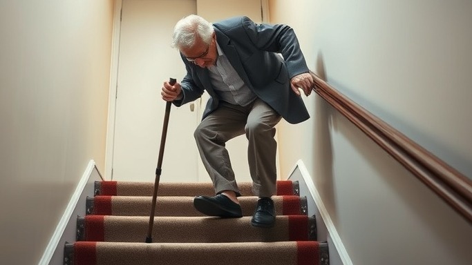 Elderly man losing balance on stairs; highlights stair safety for seniors.