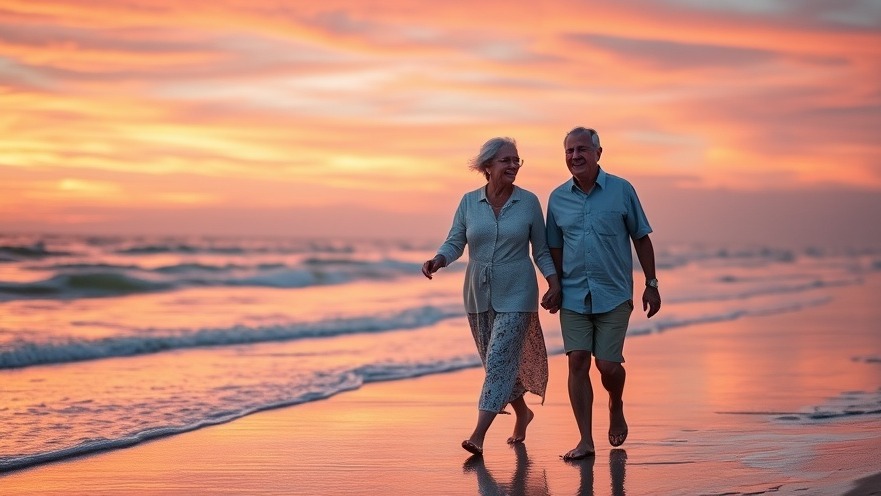 Older couple walking on the beach at sunset, experiencing retirement fulfillment.