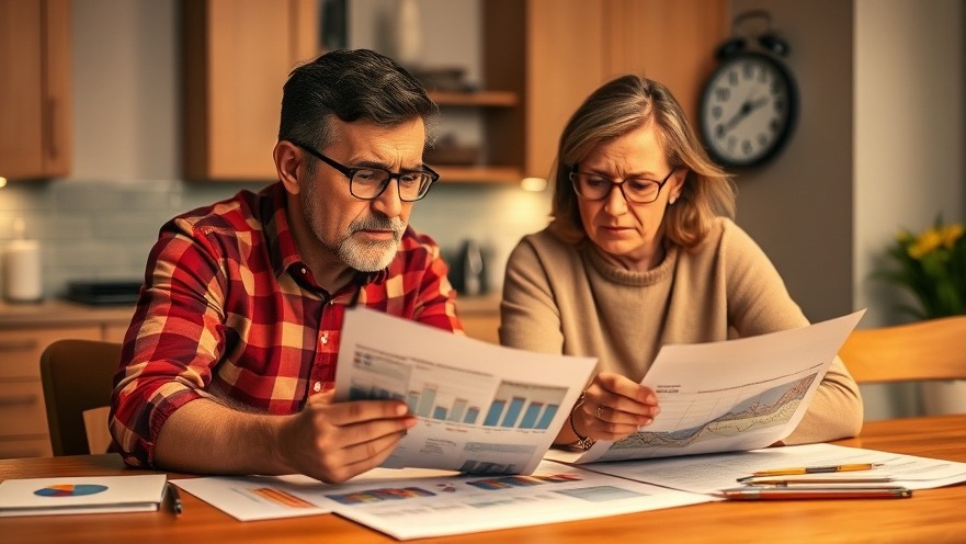 Concerned couple reviewing financial papers, highlighting retirement savings mistakes.