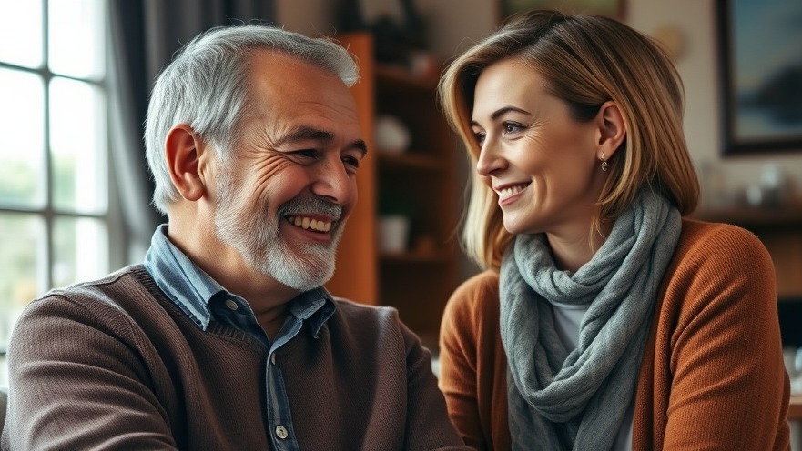 Elderly man with early-onset dementia, smiling while receiving support from a younger woman.