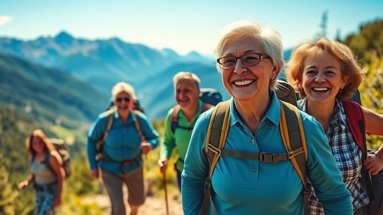 Smiling retirees hiking in vibrant nature, embracing active retirement adventures.