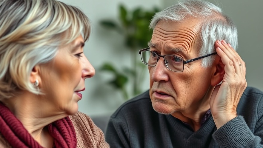 Adult woman speaking to elderly man showing noise-induced hearing loss signs.