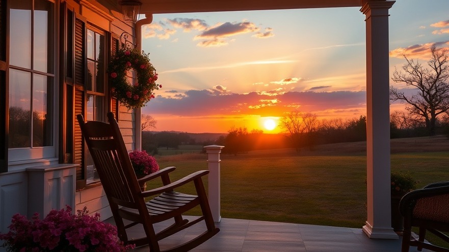 Serene sunset over Southern states retirement landscape with rocking chair and flowers.