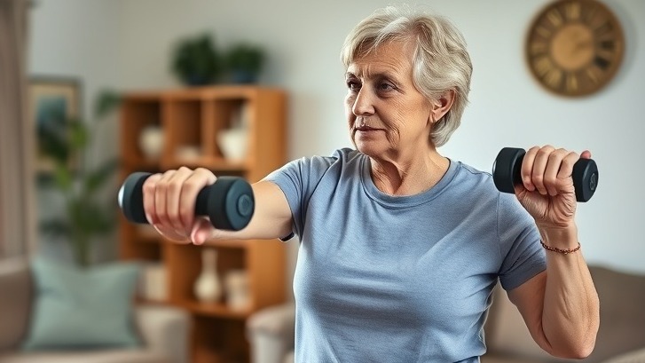 Older woman doing arthritis exercises with hand weights in her living room.