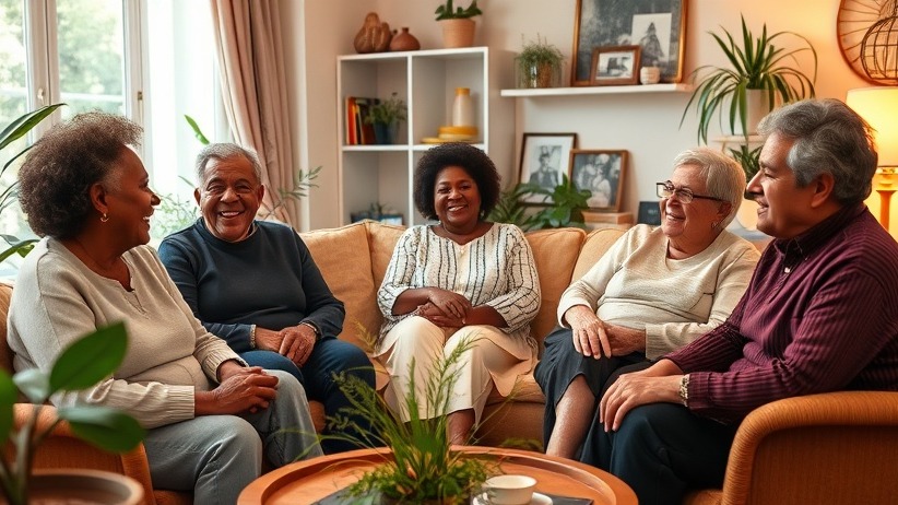 Inclusive conversation among aging LGBTQ+ seniors in a cozy, colorful living room.